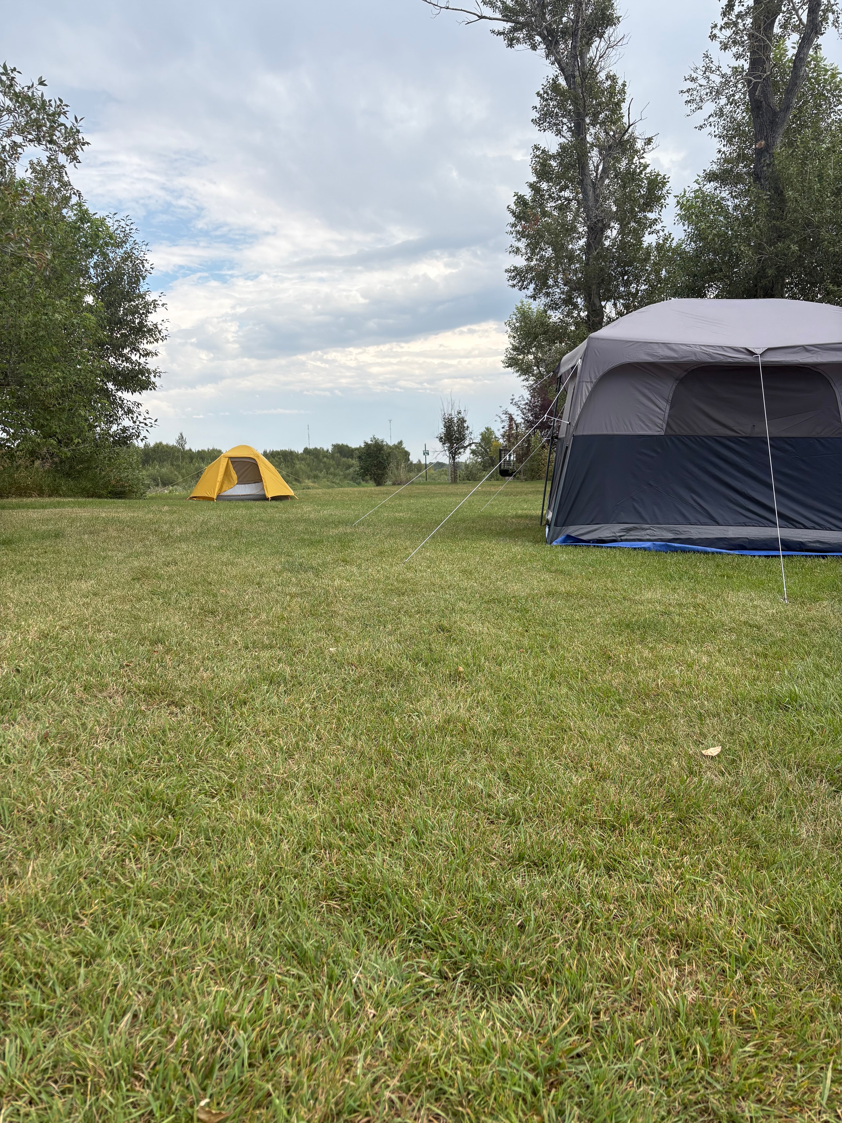 Tent campsite with fire pit and picnic table at Rivers Edge